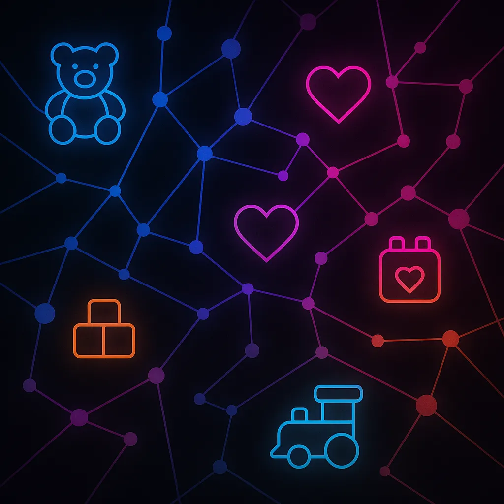 Network of connected nodes with toy icons