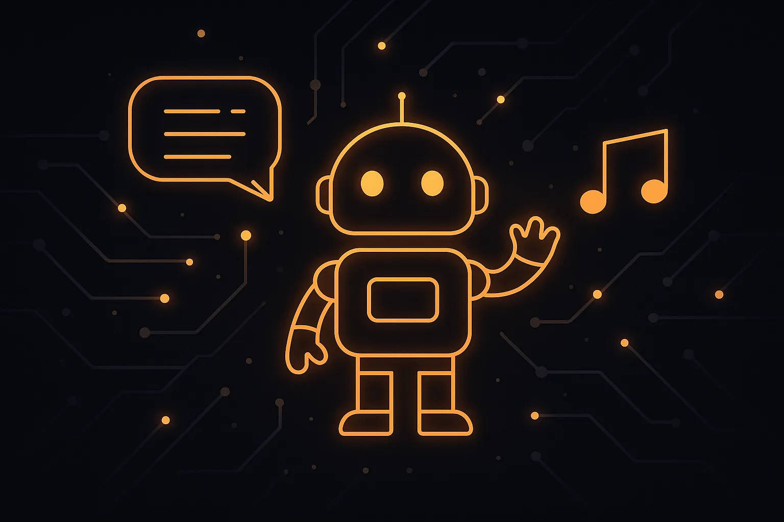 Robot outline with speech bubble and music note representing companion toys