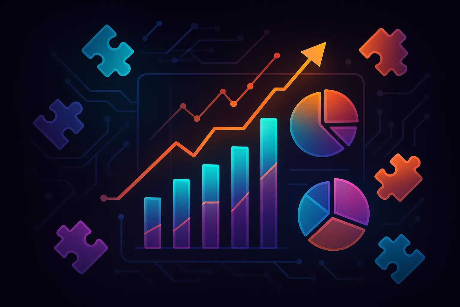 Glowing charts and puzzle pieces representing predictive analytics in the toy industry