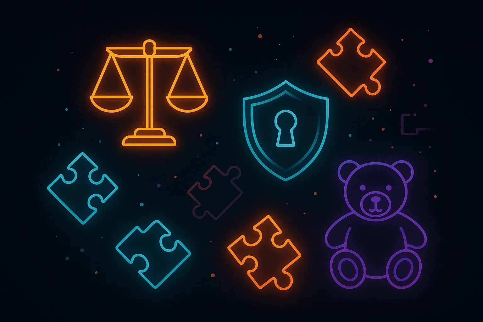 Balanced scales with binary code and a teddy bear symbolising ethical and safety considerations for AI toys